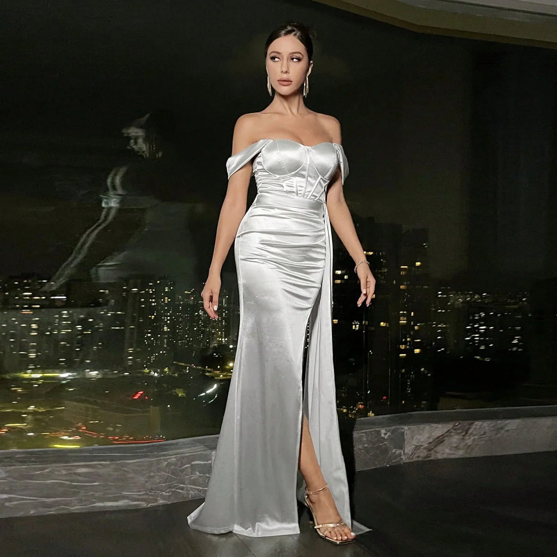Off Shoulder Sweetheart Ruched Satin Draped Sash High Slit Mermaid Maxi Gown