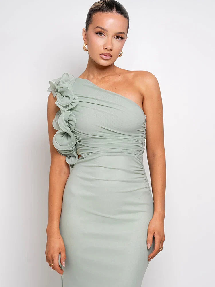 One-Shoulder Floral Ruffle Strap Ruched Side Cutout Mermaid Maxi Dress