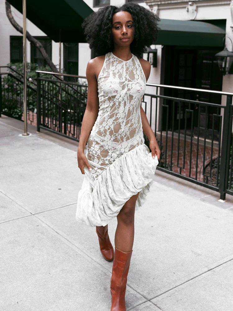 Floral Lace Racerback Ruffle Hem Sheer Maxi Dress