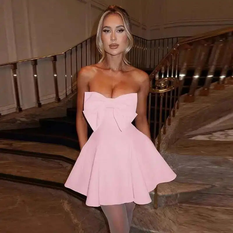 Pearl Trim Neckline Princess Seam Oversized Bow Back Fit and Flare Mini Dress
