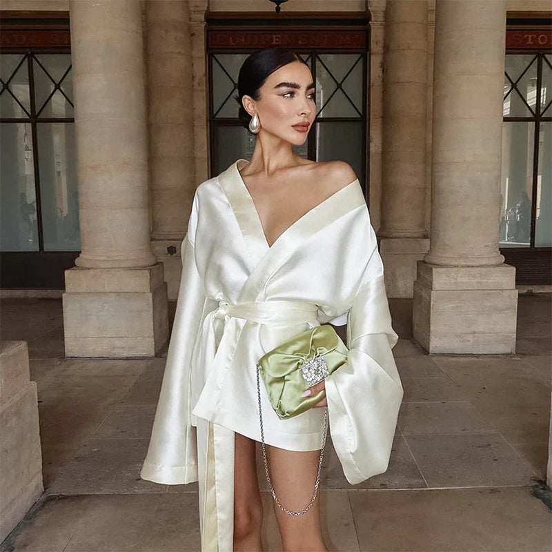 Satin Deep V Wrap Tie Waist Bell Sleeve Mini Dress