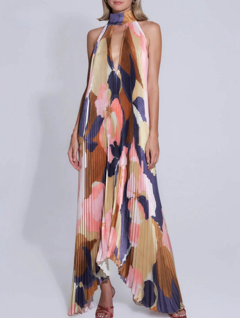 Plisse Halter Deep V-Neck Abstract Print Flowy Maxi Dress