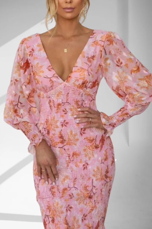 Floral Print Deep V-Neck Balloon Sleeve Smocked Mermaid Hem Midi Dress