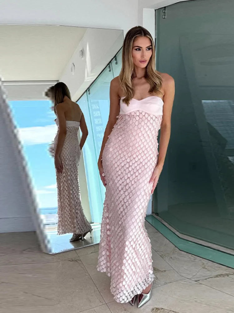 Sequin Scale Strapless Tube Midi Dress