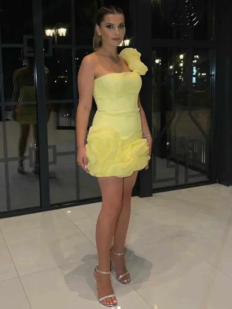 One Shoulder 3D Floral Rosette Organza Ruffle Bubble Hem Mini Dress