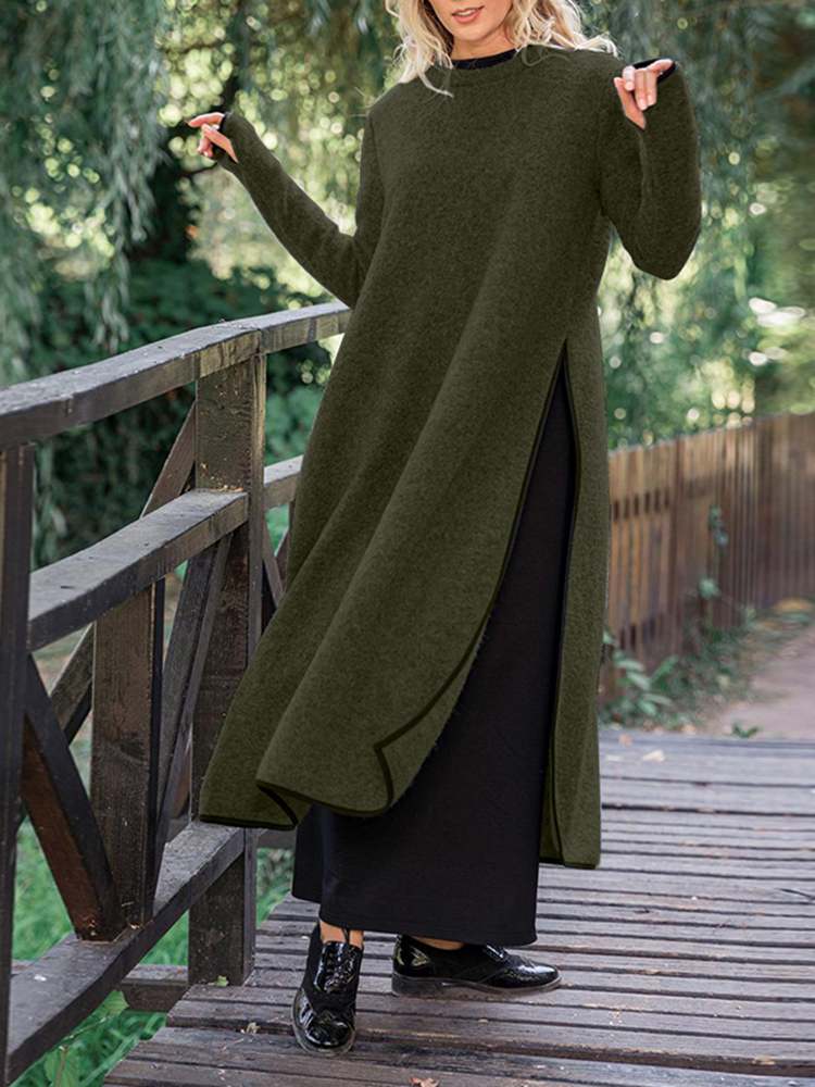 Knit Mock Neck Long Sleeve High Side Slit Oversized Maxi Sweater Dress