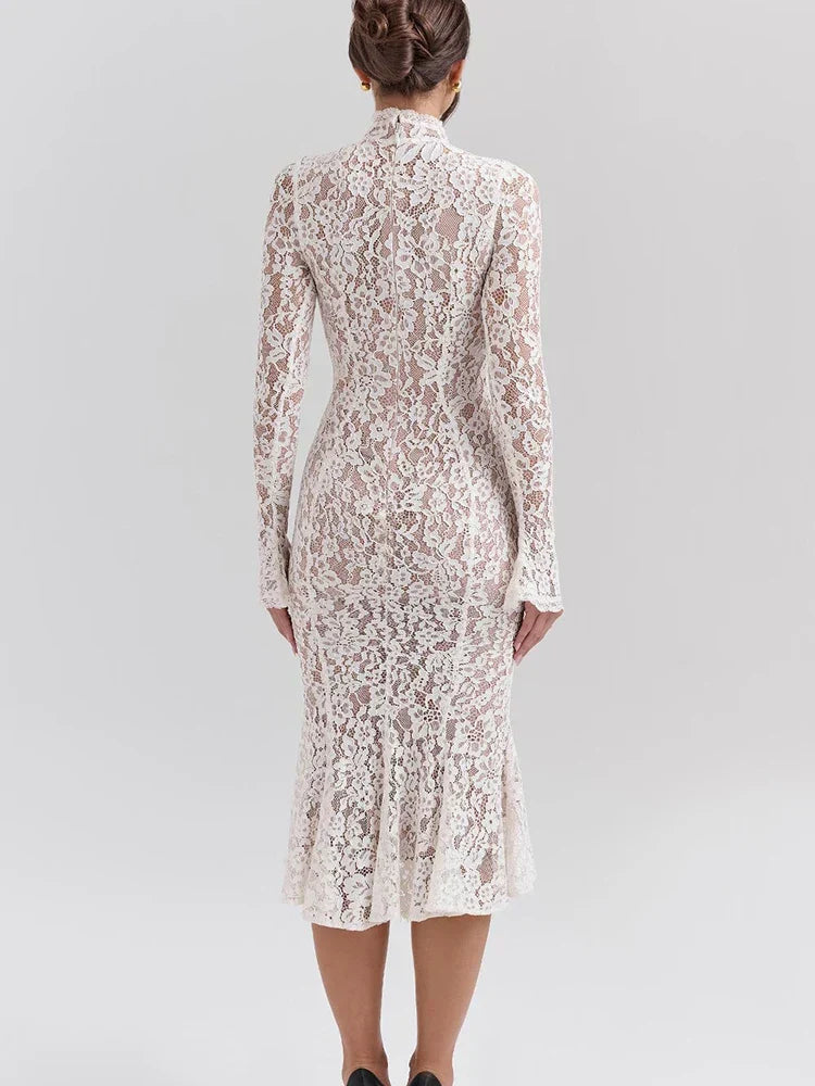 Floral Lace Mock Neck Long Sleeve Trumpet Hem Midi Dress