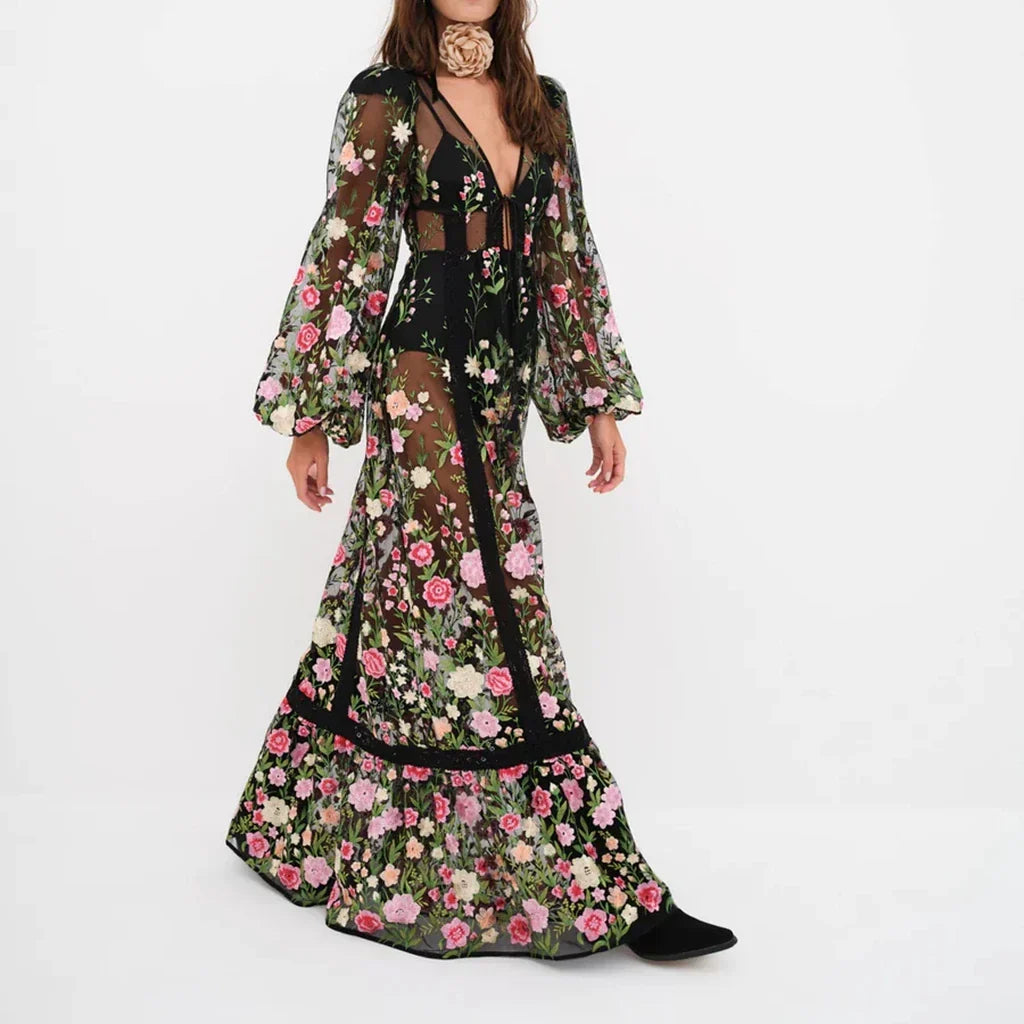 Sheer Floral Embroidered Bishop Sleeve Lace Trim Tiered Maxi Dress