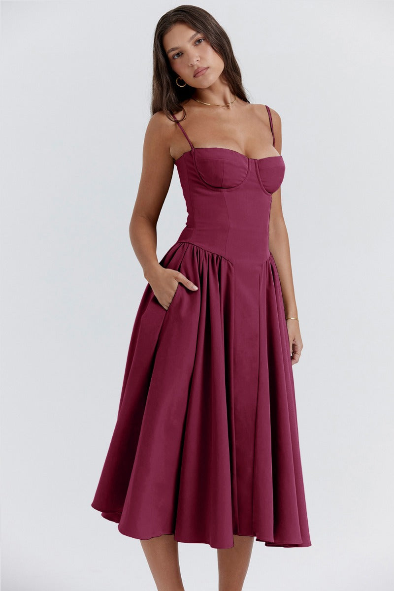 Bustier Sweetheart Spaghetti Strap Drop Waist Fit and Flare Midi Dress