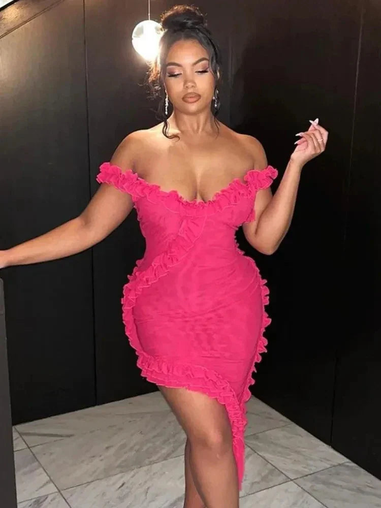 Ruffle Trim Scoop Neck Asymmetric Hem Bodycon Mini Dress