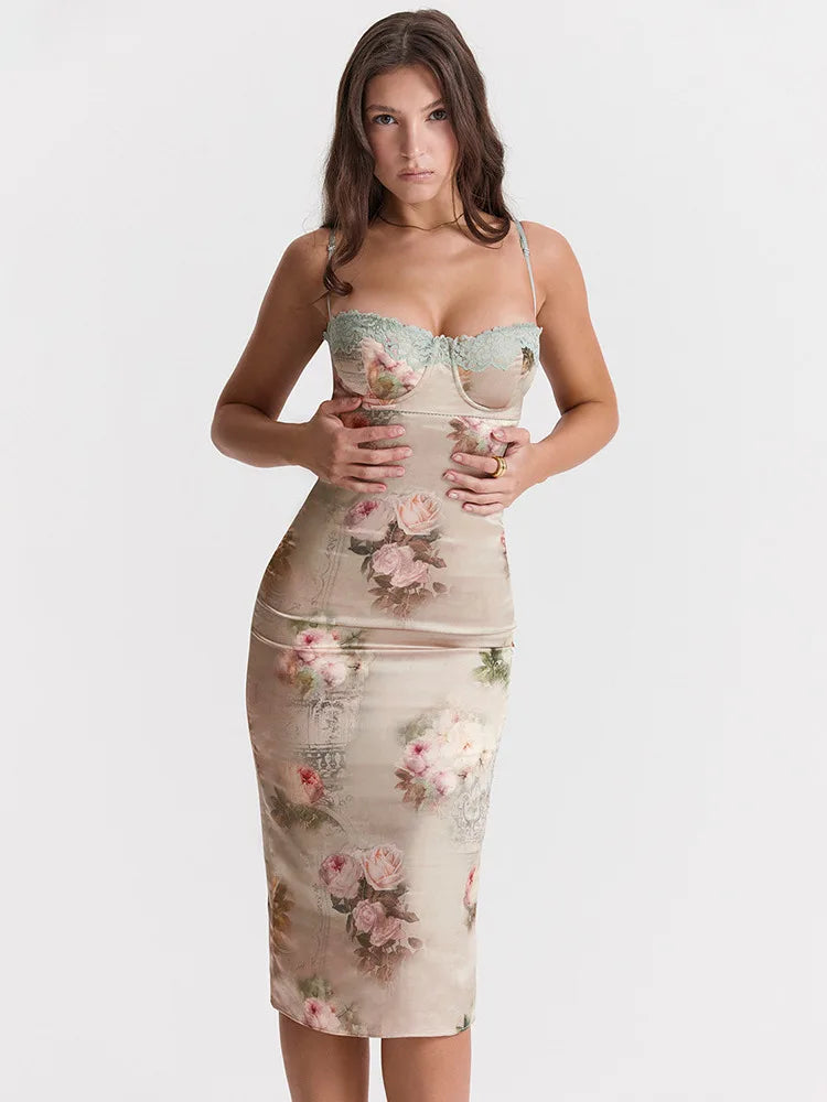 Floral Print Lace-Trim Sweetheart Spaghetti Strap Bodycon Midi Dress