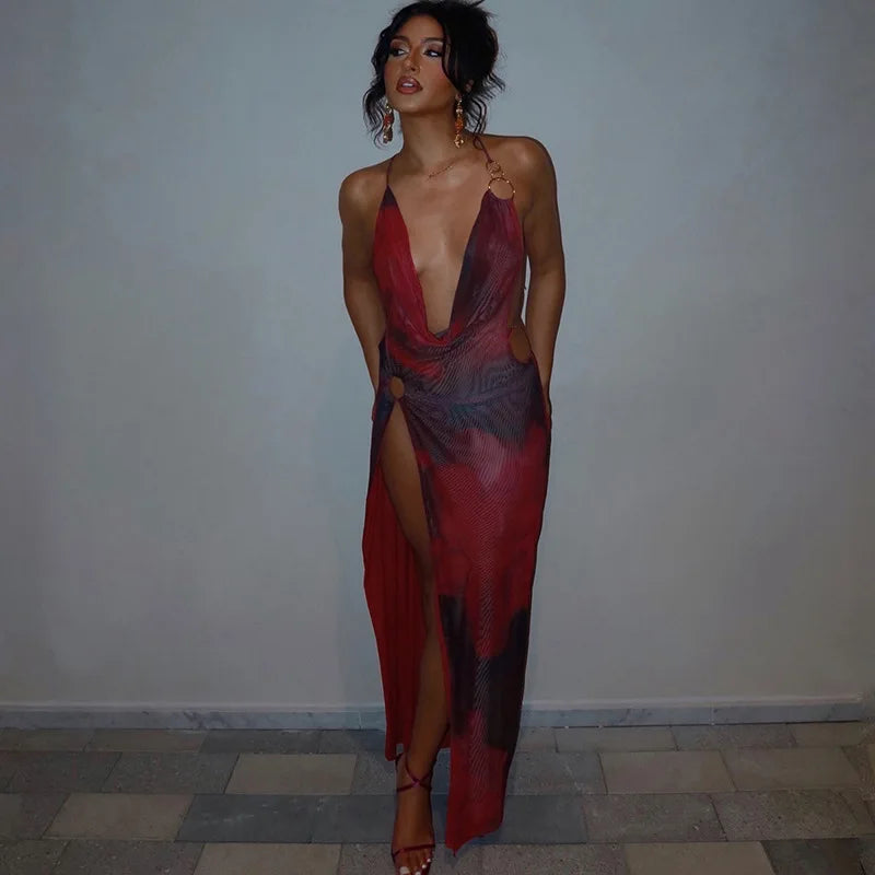 Plunging Halter Ring Detail Side Cutout High Slit Maxi Dress