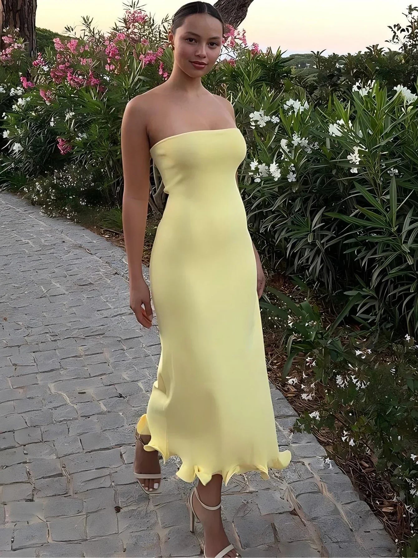 Strapless Tube Ruffle Hem Bodycon Midi Dress