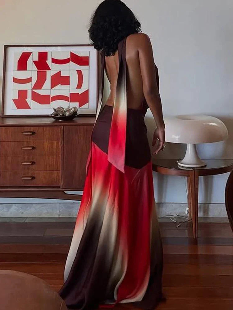 Halter Tie Neck Ombre Gradient Backless Draped Sash Maxi Dress