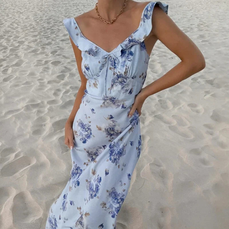 Floral Print Spaghetti Strap V-Neck Slip Maxi Dress