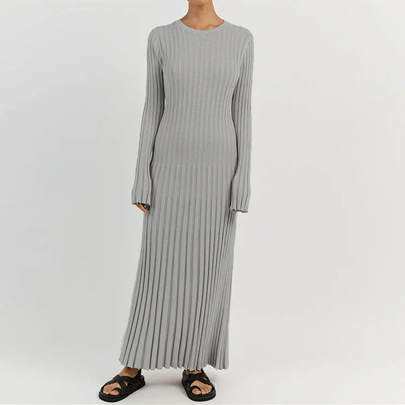 Ribbed Knit Crew Neck Lettuce Hem Long Sleeve Maxi Dress