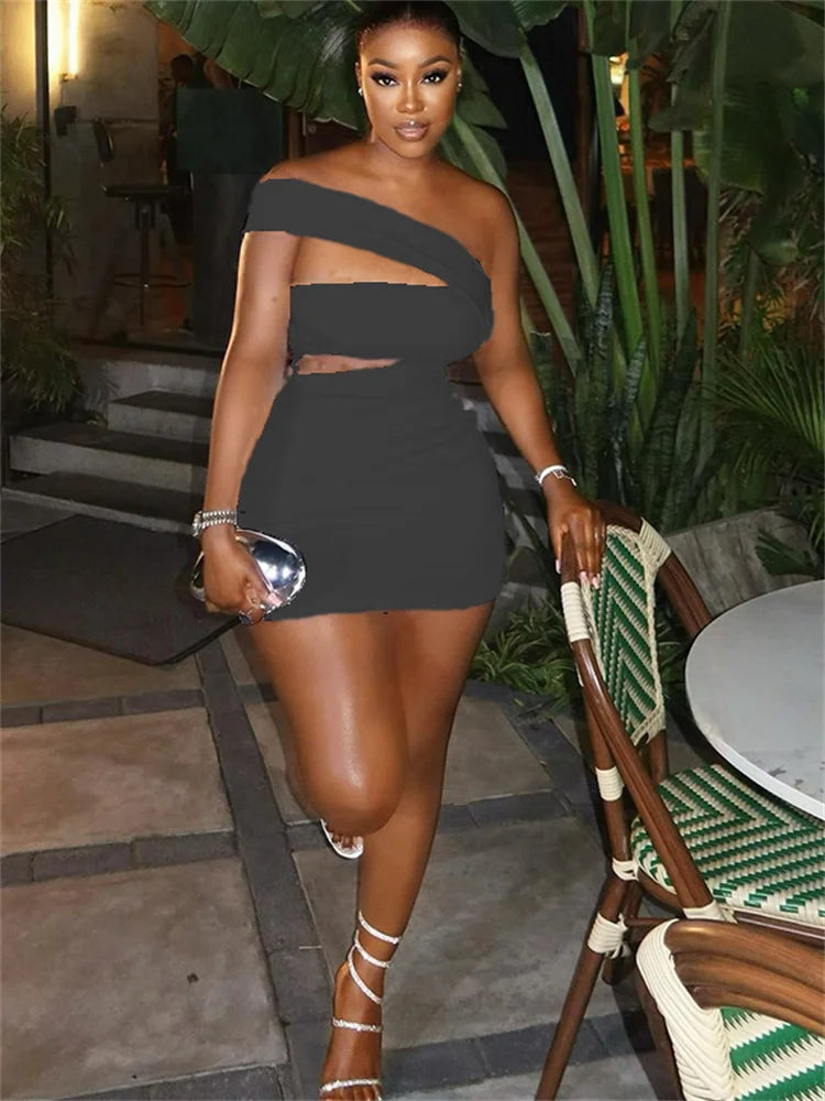 One Shoulder Asymmetric Neck Chest Cut Out Waist Cut Out Bodycon Mini Dress