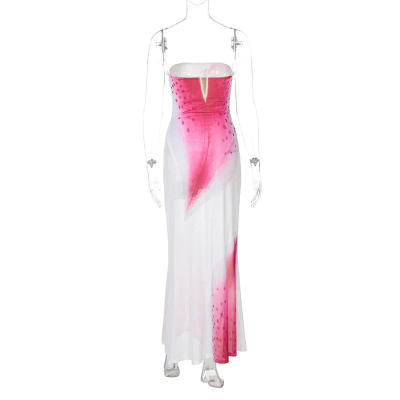 Strapless Mesh Overlay Abstract Graphic Print Bodycon Maxi Dress
