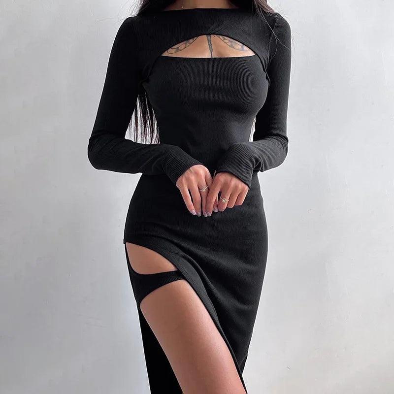 Ribbed Knit Chest Cutout Side Slit Hip Strap Detail Midi Dress