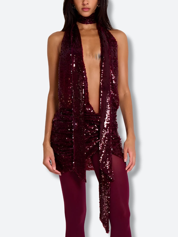 Sequin Halter Plunge Neck Ruched Drape Panel Mini Dress