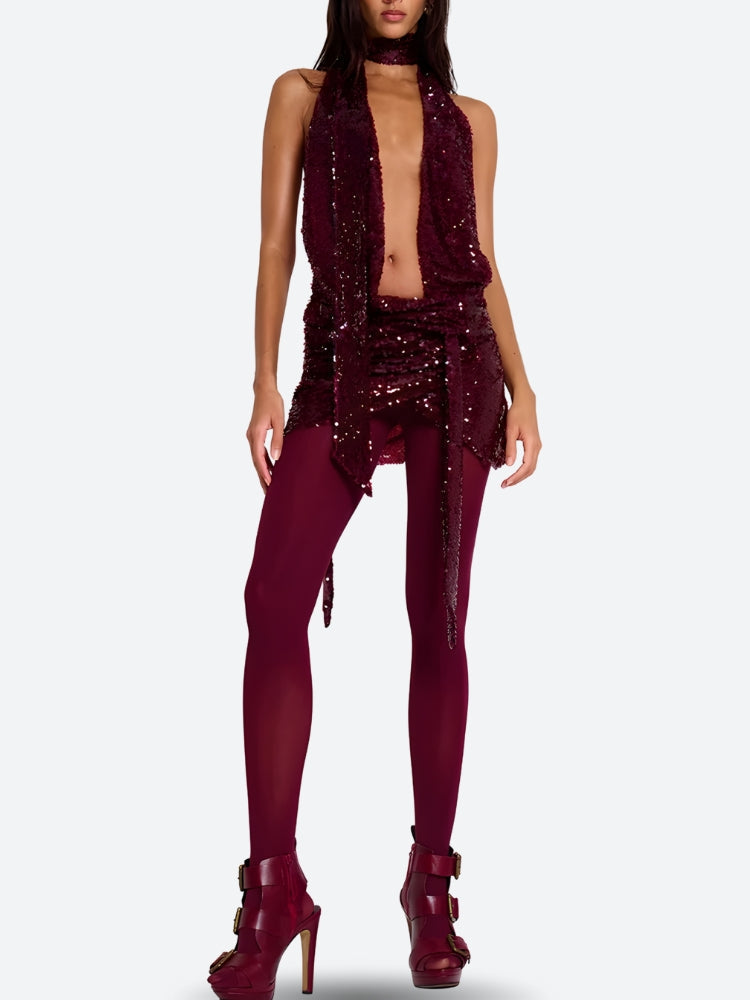 Sequin Halter Plunge Neck Ruched Drape Panel Mini Dress