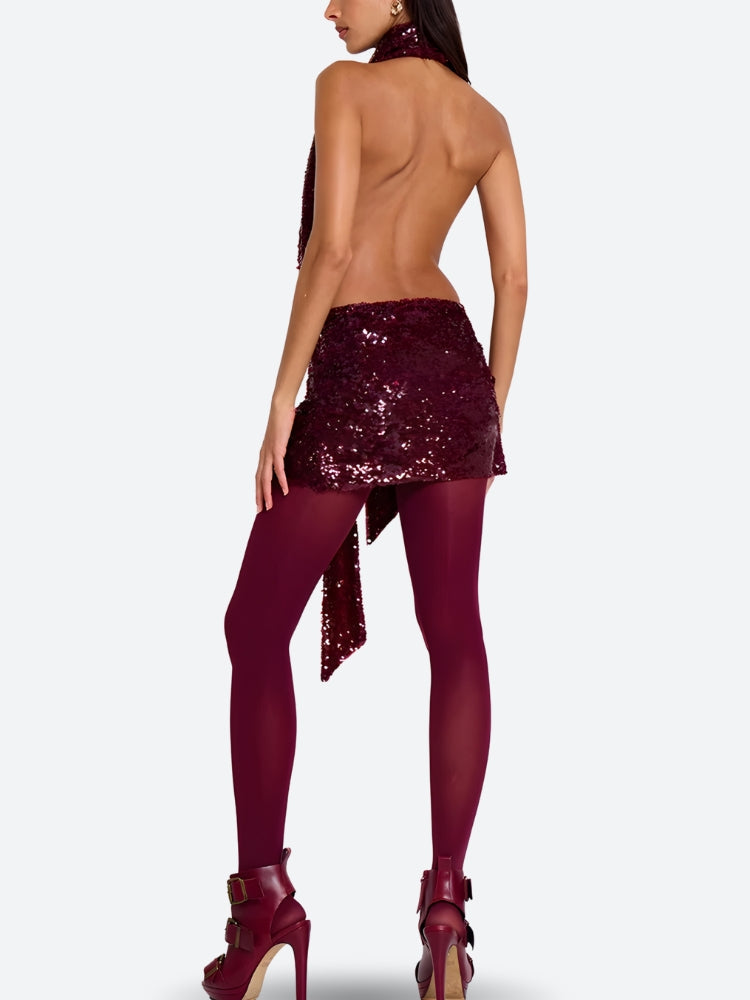 Sequin Halter Plunge Neck Ruched Drape Panel Mini Dress