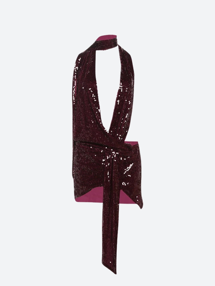 Sequin Halter Plunge Neck Ruched Drape Panel Mini Dress