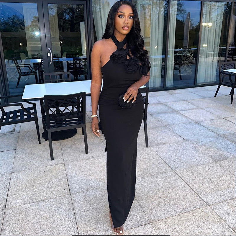 Halter Neck Rosette Applique Sleeveless Bodycon Maxi Dress
