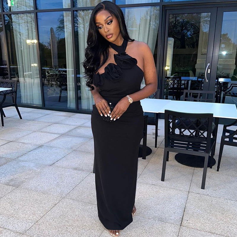 Halter Neck Rosette Applique Sleeveless Bodycon Maxi Dress