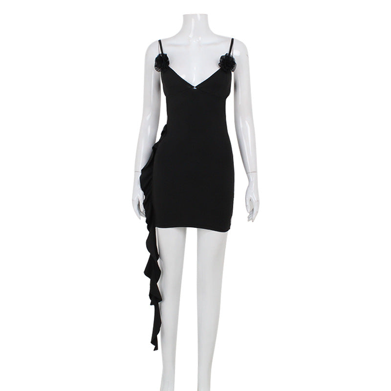 Spaghetti Strap Plunging V-Neck Rosette Applique Side Ruffle Open Back Bodycon Mini Dress