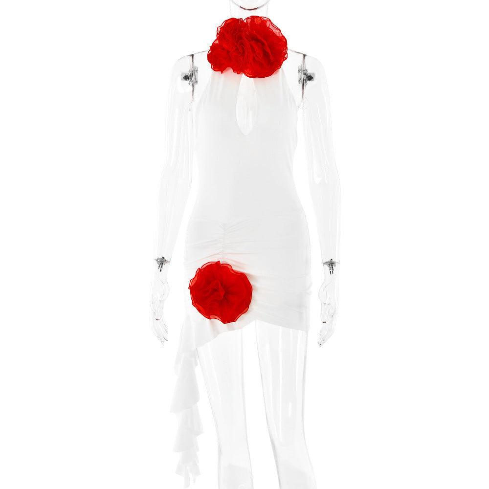 Halter Keyhole Cutout Floral Applique Asymmetric Ruffle Hem Bodycon Mini Dress