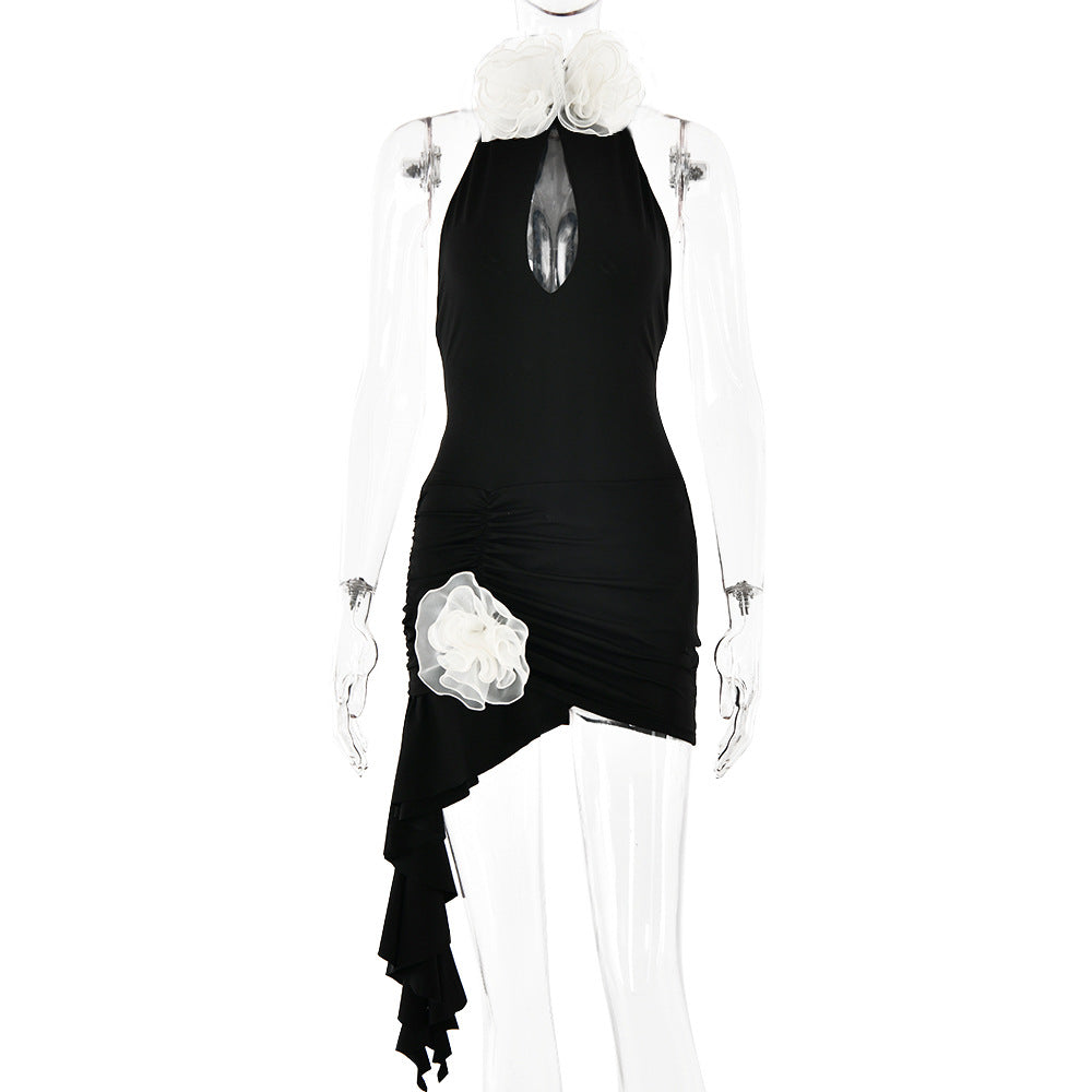 Halter Keyhole Cutout Floral Applique Asymmetric Ruffle Hem Bodycon Mini Dress