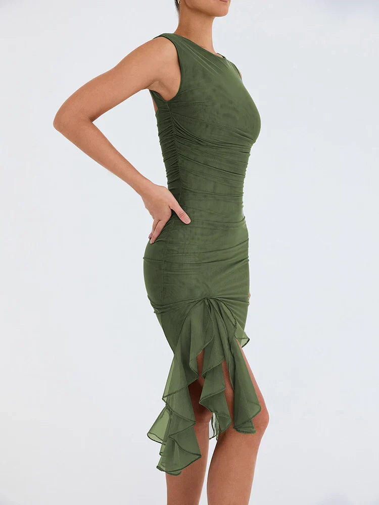 Mesh Ruched Boat Neck Sleeveless High Split Ruffle Hem Midi Dress