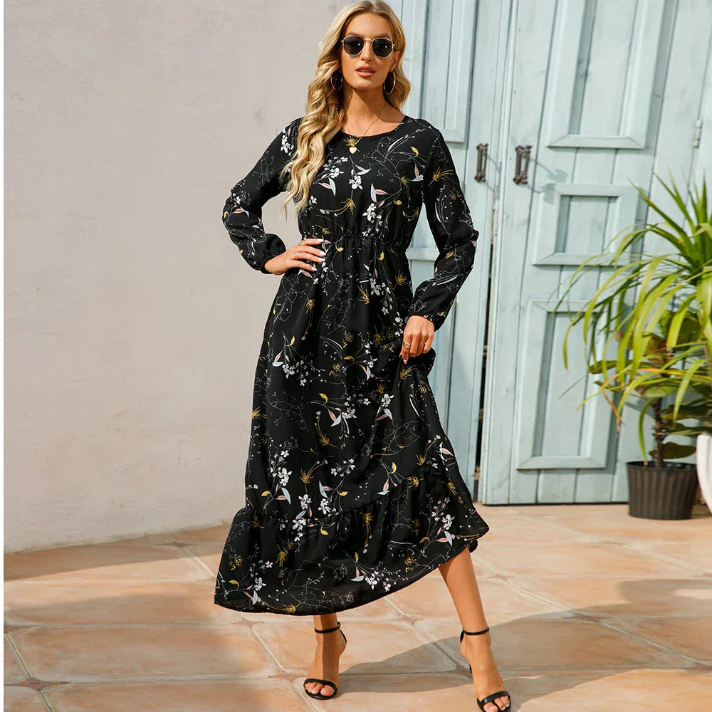 Ditsy Floral Crew Neck Lantern Sleeve Smocked Waist Ruffle Hem Maxi Dress