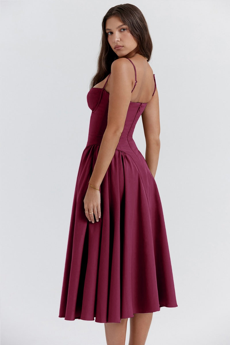 Bustier Sweetheart Spaghetti Strap Drop Waist Fit and Flare Midi Dress