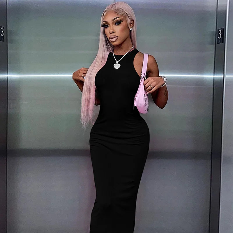 Crew Neck Sleeveless Ribbed Bodycon Maxi Dress