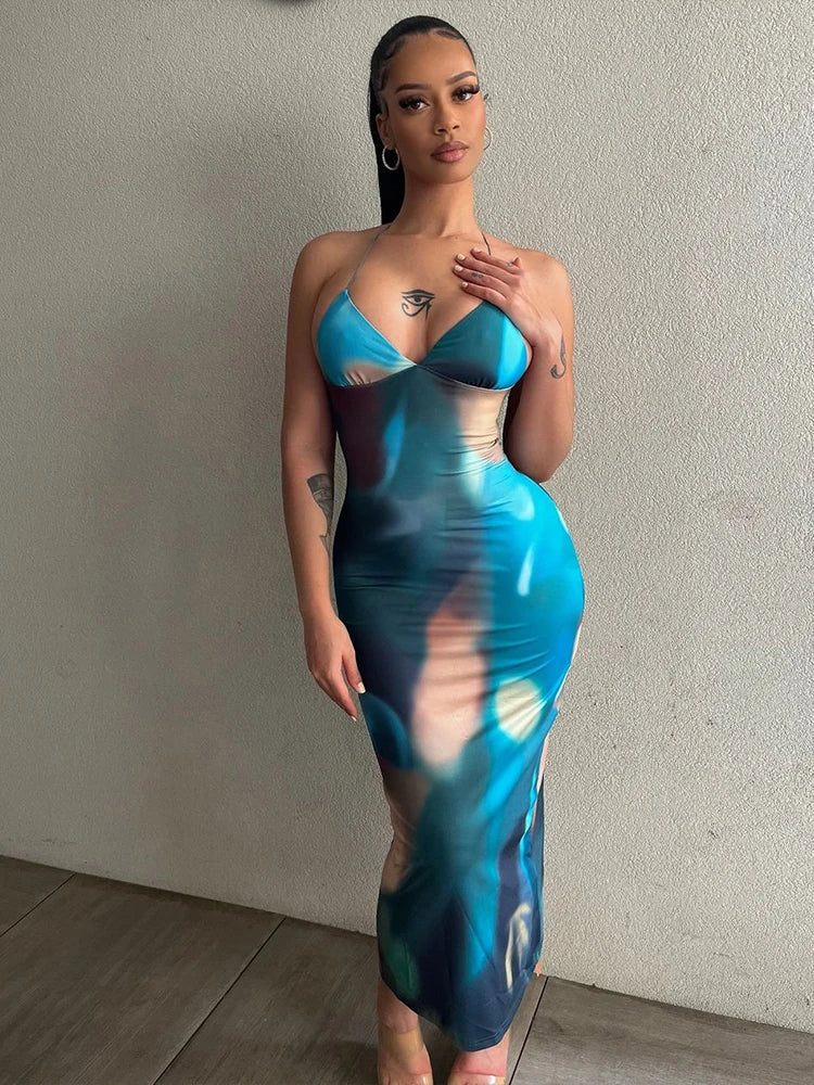 Marble Print Spaghetti Strap Deep V-Neck Bodycon Midi Dress