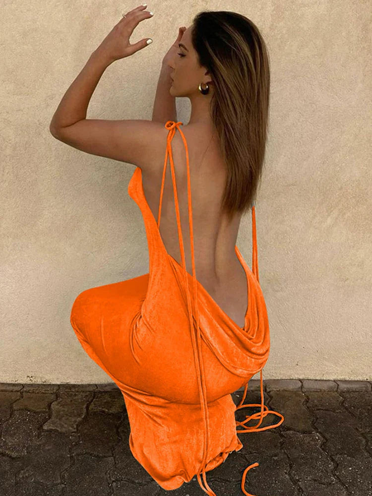Spaghetti Strap Tie Shoulder Cowl Back Shimmer Mermaid Maxi Dress