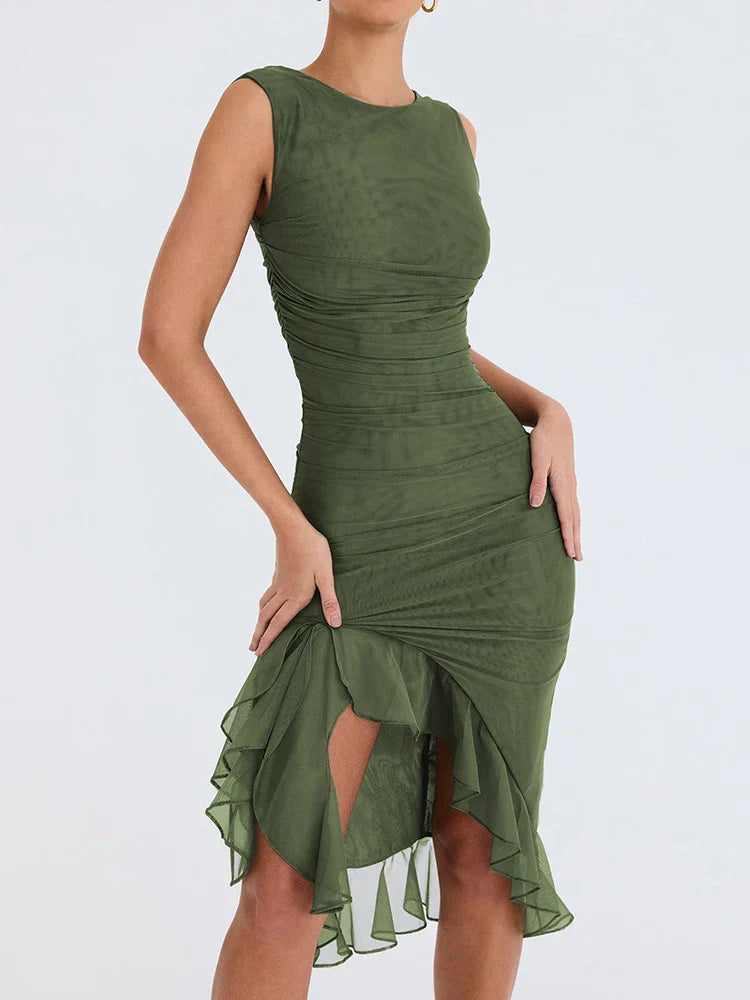 Mesh Ruched Boat Neck Sleeveless High Split Ruffle Hem Midi Dress