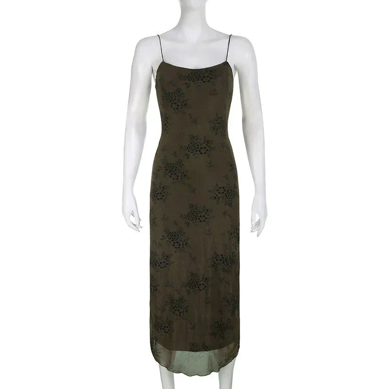 Floral Print Spaghetti Strap Lettuce-Hem Mesh Maxi Dress