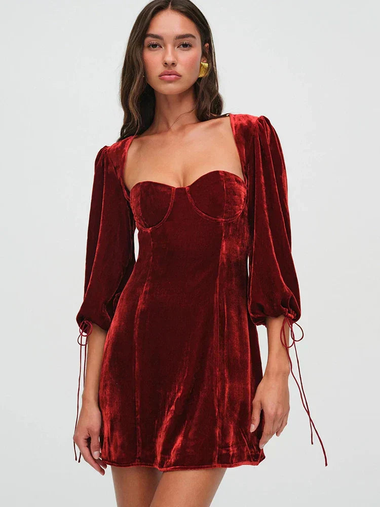 Velvet Puff Sleeve Tie Cuff Open Back Buckle Strap Mini Dress