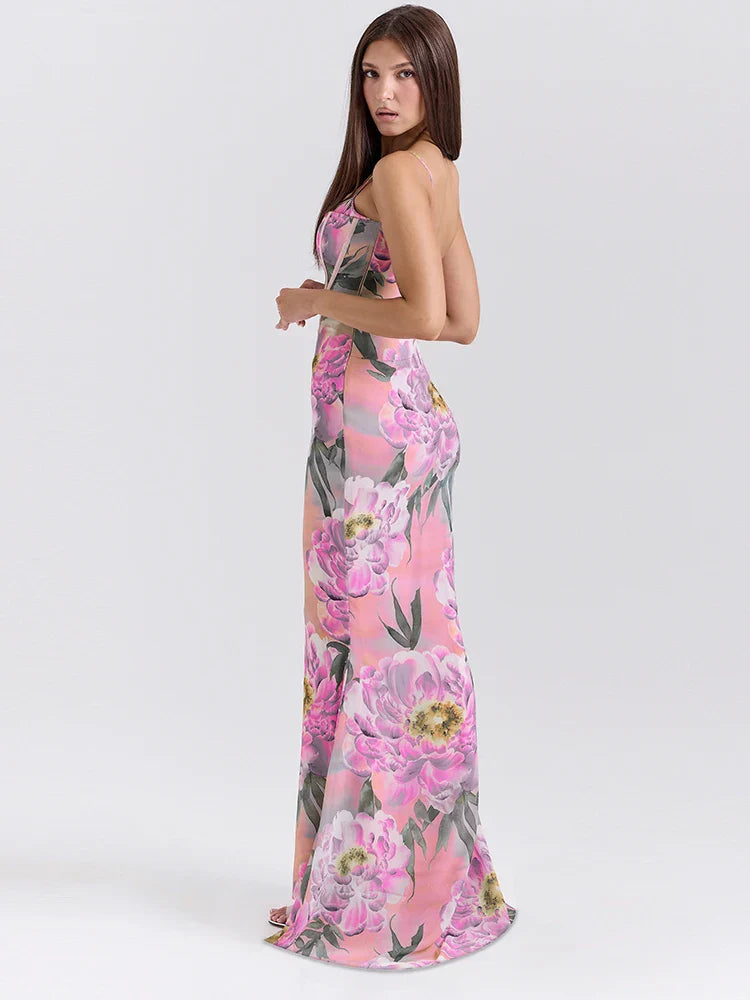 Corset Boning Floral Print Spaghetti Strap Bodycon Maxi Dress
