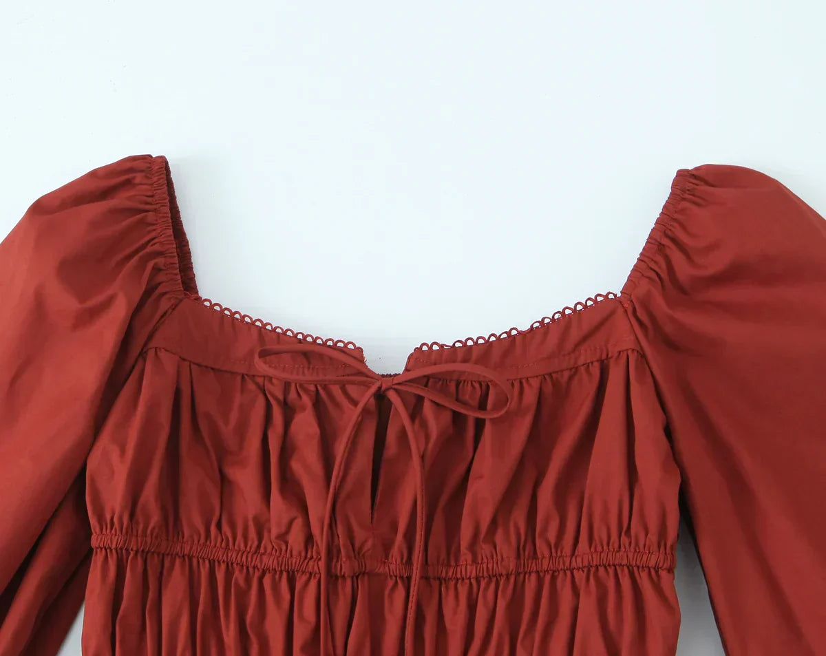 Square Neck Bow Tie Puff Sleeve Smocked Waist Mini Dress