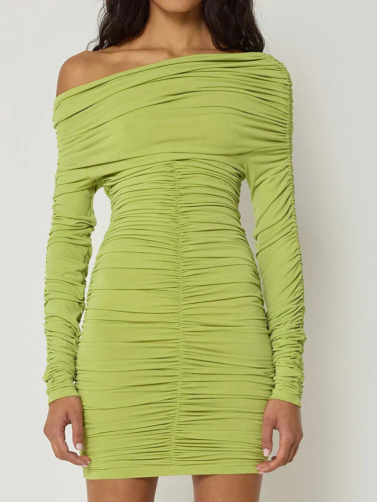 Asymmetric Neck Ruched Gathered Long Sleeve Bodycon Mini Dress