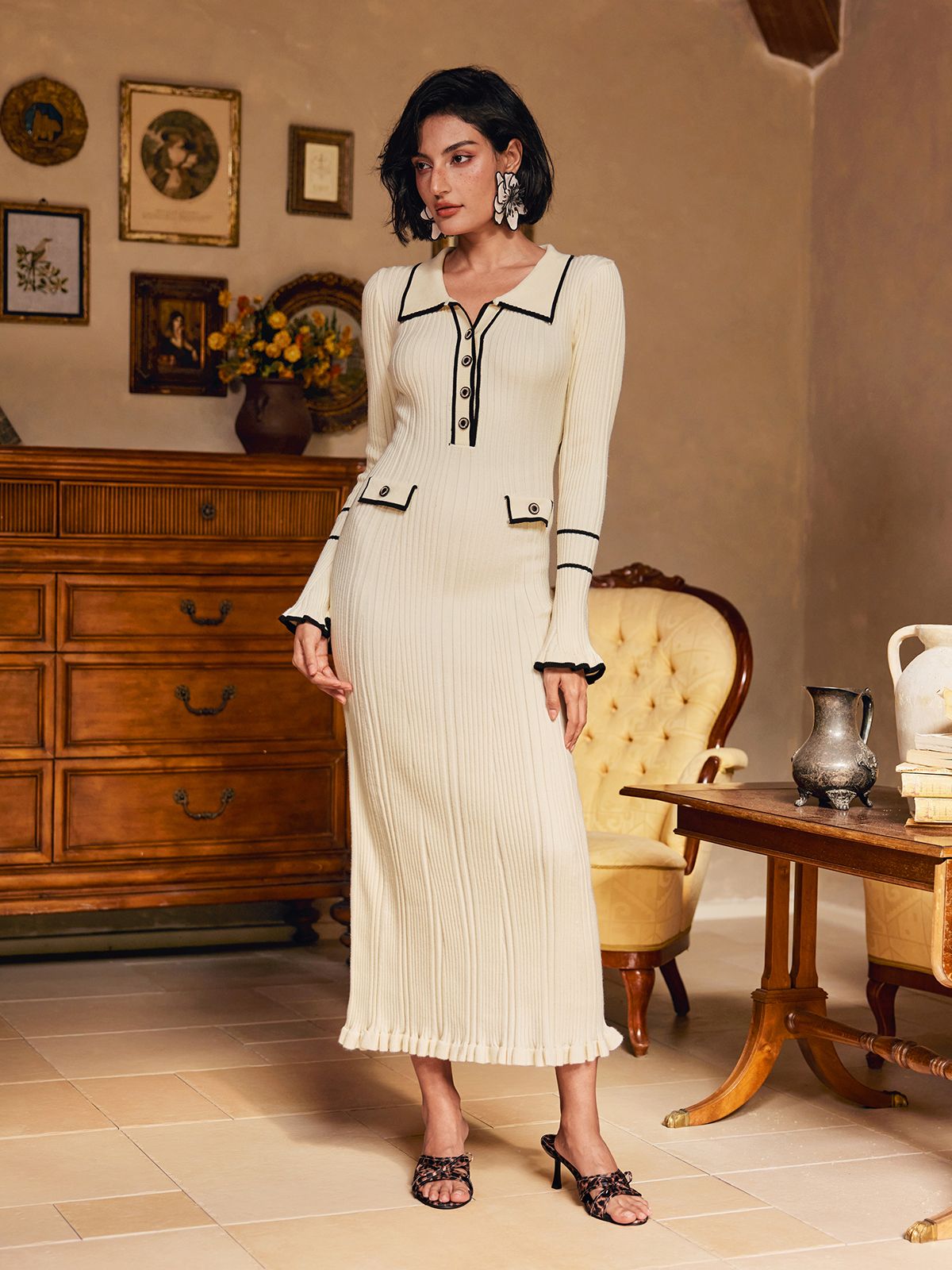 Ribbed Knit Collar Button Placket Contrast Trim Bell Cuff Ruffle Hem Maxi Dress