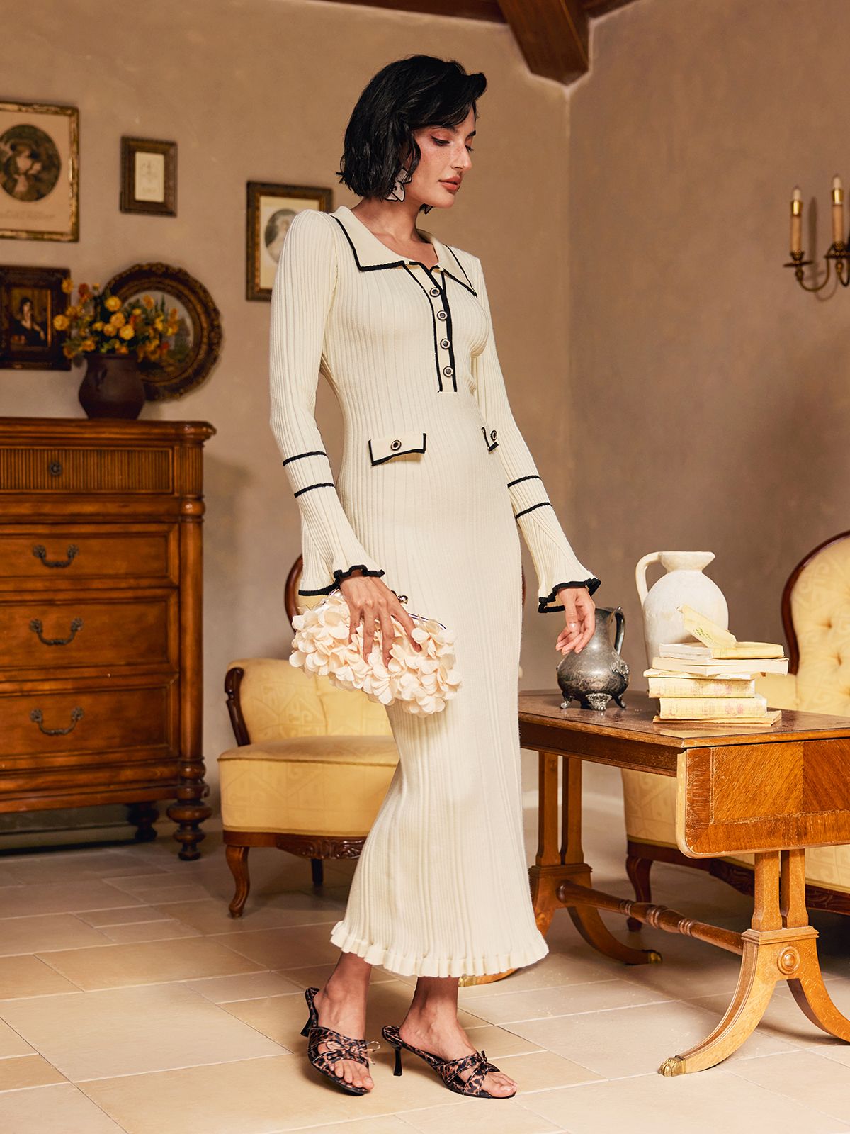 Ribbed Knit Collar Button Placket Contrast Trim Bell Cuff Ruffle Hem Maxi Dress
