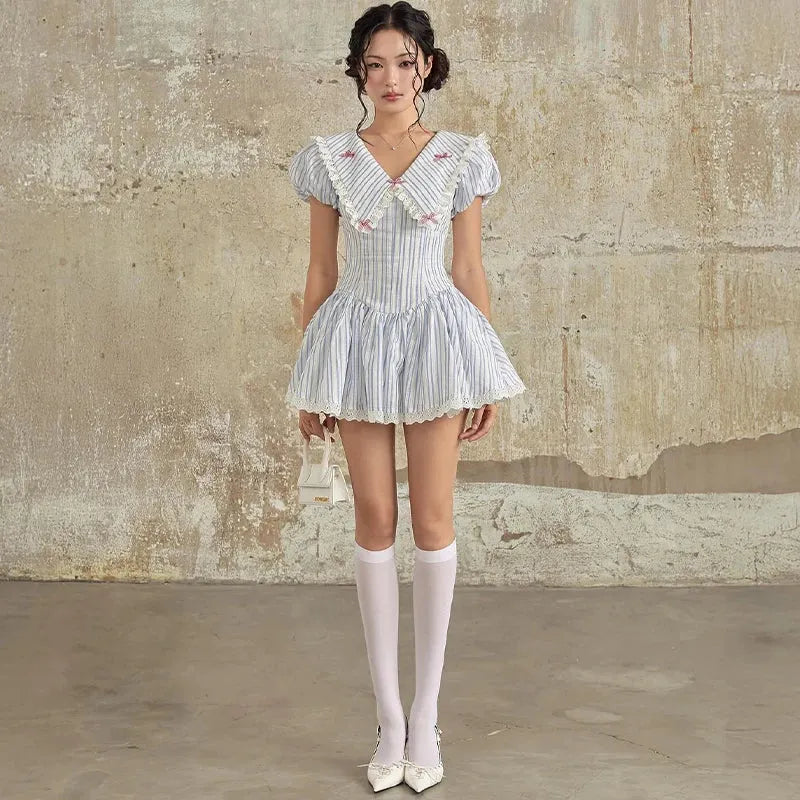 Stripe Eyelet Lace Chelsea Collar Bow Trim Fit and Flare Mini Dress