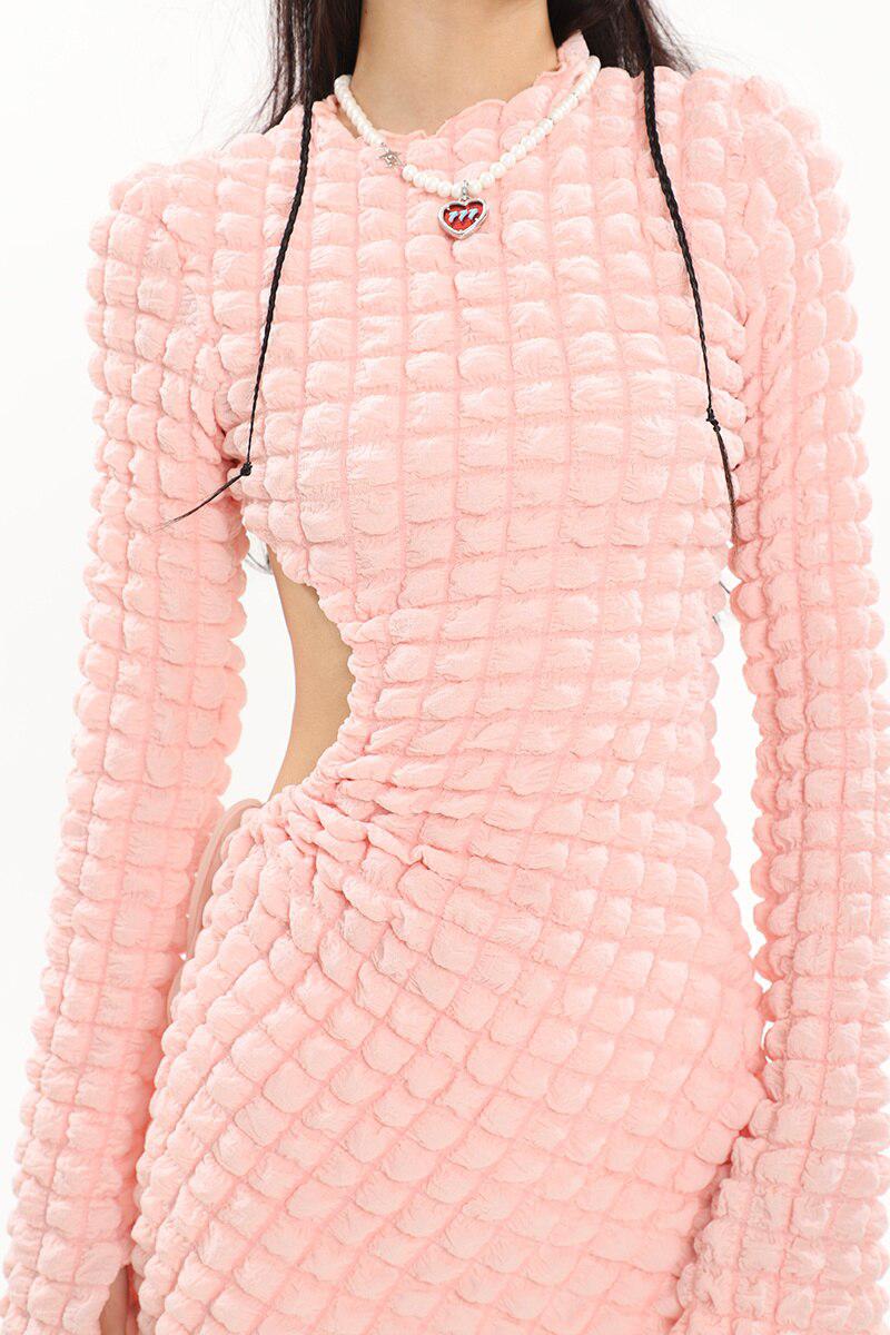 Popcorn Knit Crew Neck Side Cutout Long Sleeve Mini Dress