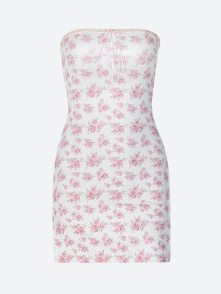 Ditsy Floral Lace Trim Drawstring Strapless Ruched Tube Mini Dress