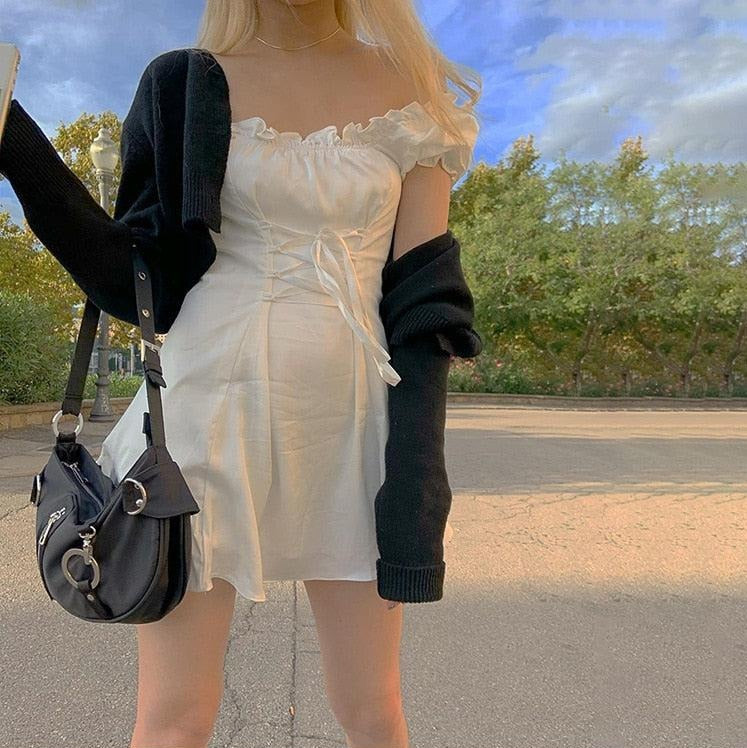 Square Neck Puff Sleeve Corset Lace-Up Ruffle Hem Mini Dress